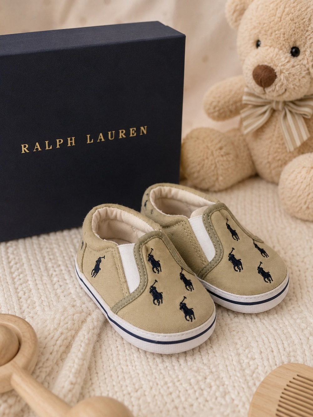 Ralph Lauren Bal Harbour Repeat Khaki Canvas Infant Slip-On Sneakers Size 2